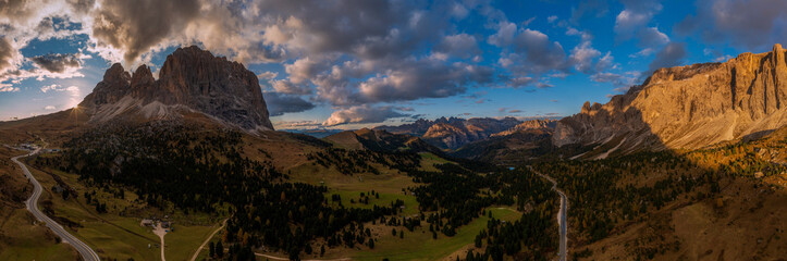 Panoramic view of the Val Gardena Dolomites in Italy. Drone panoramic shot.