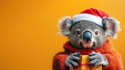 Fototapeta premium A fluffy baby Koala in a Santa hat, playing with Christmas decorations like a snowman and gifts. Perfect for festive holiday cards, banners, and New Year greetings 2026 - 2027.