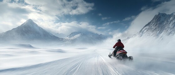 A person rides a snowmobile through a snowy landscape with mountains in the background.