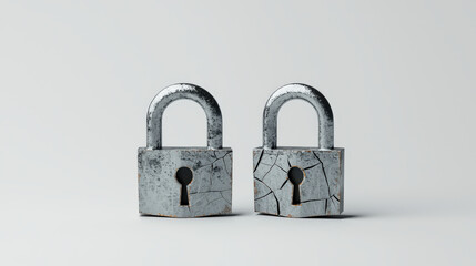 Naklejka premium 3D rendering of two padlocks on grey background, showcasing their cracked surfaces and metallic texture. image evokes sense of security and vulnerability