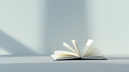 an open book on a minimalist surface with soft shadows