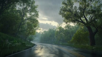 Fototapeta premium A Scenic Countryside Road at Dawn During a Rainstorm with Soft Light Filtering Through the Mist