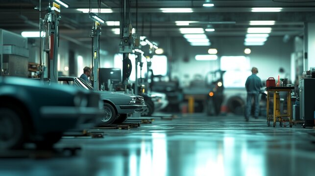 Modern Automotive Repair Workshop with Vehicles on Lifts