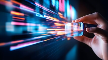 A businessman using augmented reality glasses, interacting with virtual holograms of charts