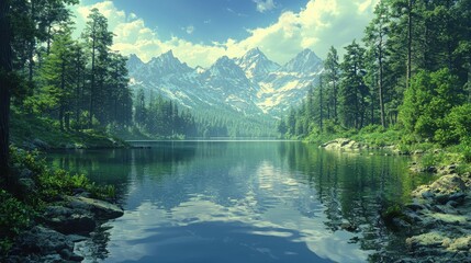 A serene alpine lake surrounded by dense evergreen forests and dramatic rocky cliffs. The still surface mirrors the surrounding beauty, creating a sense of perfect balance. The pristine setting 