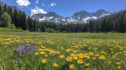 Obraz premium A serene alpine meadow dotted with wildflowers under a deep blue sky. Snow-capped mountains tower in the background, adding a majestic contrast to the vibrant foreground. The scene captures 
