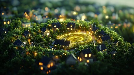 Glowing Circular Eco Village with Integrated Homes Farms and Businesses Sharing Resources in Closed Loop System