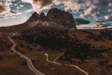 Panoramic view of the Val Gardena Dolomites in Italy. Drone panoramic shot.