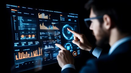 A businessman interacting with a 3D holographic globe showcasing market data