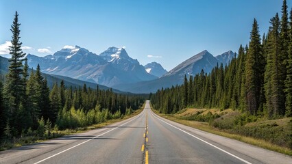 Empty stretch of asphalt road running parallel to a mountain range with a clear blue sky above and pine trees in the foreground, empty highway, mountain view