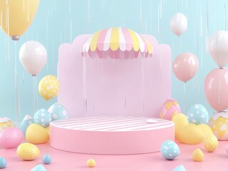 Colorful party decoration with balloons and eggs.