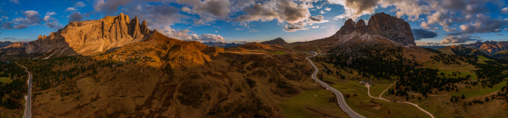 Panoramic view of the Val Gardena Dolomites in Italy. Drone panoramic shot.