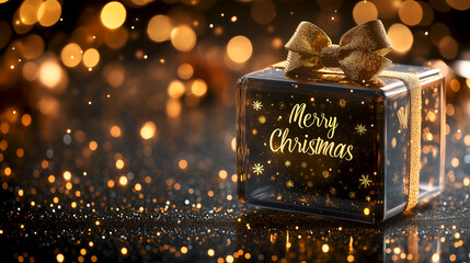 Glass Christmas gift box with gold bow and text "Merry Christmas" in golden festive shine, bokeh background, copy space. Christmas background for Merry Christmas celebration. Happy holidays concept