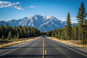 Fototapeta premium Empty stretch of asphalt road running parallel to a mountain range with a clear blue sky above and pine trees in the foreground, road to nowhere, calmness, natural landscape, scenic beauty