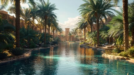 Fototapeta premium A serene desert oasis surrounded by towering date palms and calm, reflective water. The golden sand dunes in the background contrast beautifully with the lush greenery. The scene feels like 