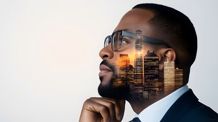 A double exposure image of a businessman and a holographic digital workspace