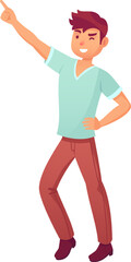 Cheerful young man pointing his index finger at something interesting and winking happily, expressing confidence and enthusiasm