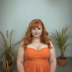 Naklejka premium Pelirroja con rizos perfectos y un elegante vestido naranja.