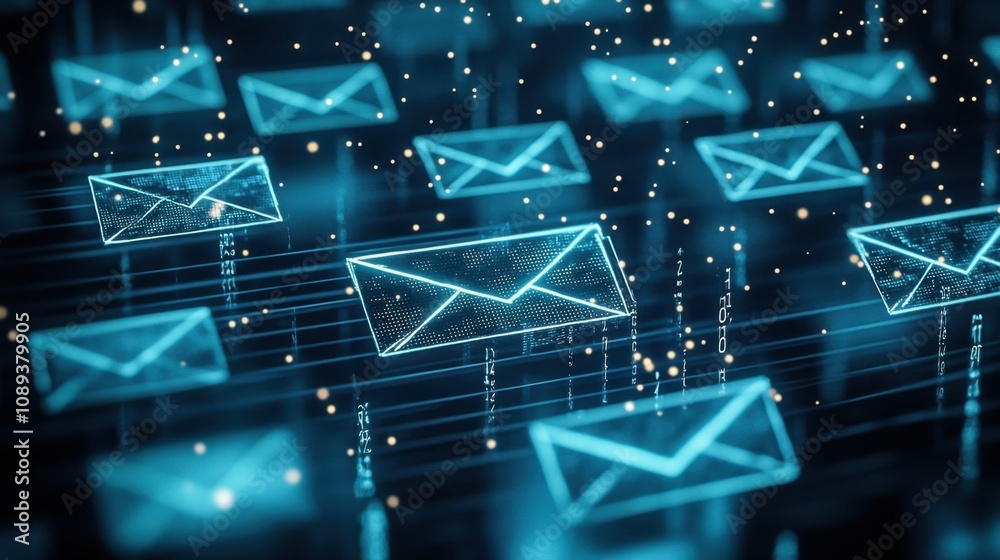 Poster digital communication concept with floating email icons and data points representing modern messagin