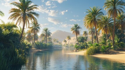 Obraz premium A serene desert oasis surrounded by towering date palms and calm, reflective water. The golden sand dunes in the background contrast beautifully with the lush greenery. The scene feels like 