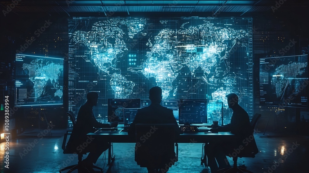 Poster subordinates managing a global project in a high tech command center