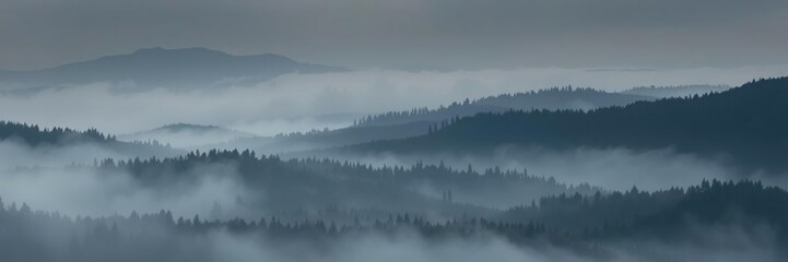Ethereal landscape with misty hills and dark forest, glowing orbs, mystical atmosphere