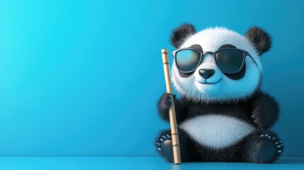 Fototapeta premium Adorable cartoon panda wearing sunglasses, sitting against a vibrant blue background, holding a bamboo flute in a fun and playful pose, perfect for children's themes or animal illustrations.
