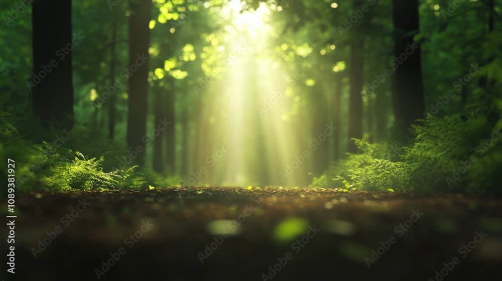 Wall mural serene forest path with sunlight filtering through trees
