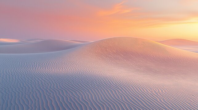 A tranquil desert at dawn, with golden sand dunes stretching toward a horizon bathed in soft pink and orange hues. The rippling patterns in the sand create a mesmerizing natural texture. The 