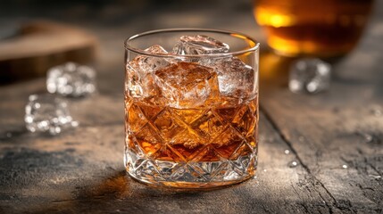 Glass of whiskey with ice cubes on rustic wooden table, warm lighting creating inviting atmosphere, showcasing rich amber tones and textured glass design