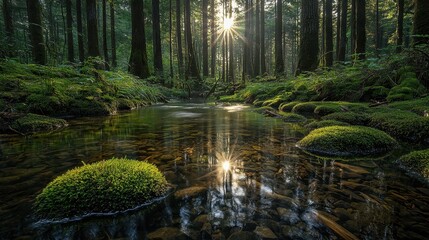 Obraz premium A tranquil forest glade with sunlight filtering softly through the tall trees, illuminating the moss-covered floor. A gentle stream winds its way through the scene, creating a calming atmosphere. 