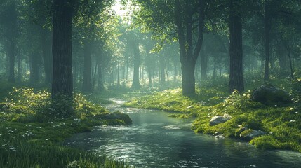 Obraz premium A tranquil forest glade with sunlight filtering softly through the tall trees, illuminating the moss-covered floor. A gentle stream winds its way through the scene, creating a calming atmosphere. 