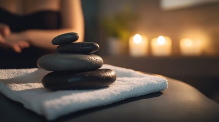 Relaxing spa stones on a towel with candles in the background for a peaceful ambiance.
