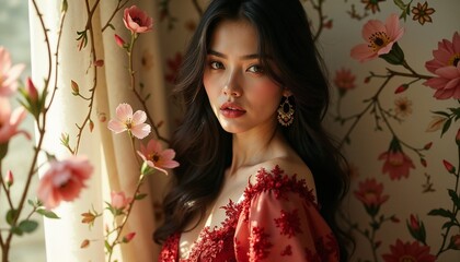 Fototapeta premium Young Asian woman with a dreamy expression posing in a floral patterned dress near a window with soft light