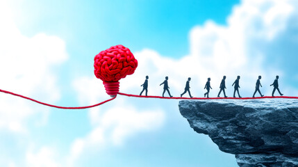 A group of figures walking on a tightrope toward a brain, symbolizing the journey of thought, creativity, and the connection between mind and action. © Wisnee