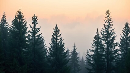 Fototapeta premium Fir trees stand against misty morning sky, serene, trees, rural