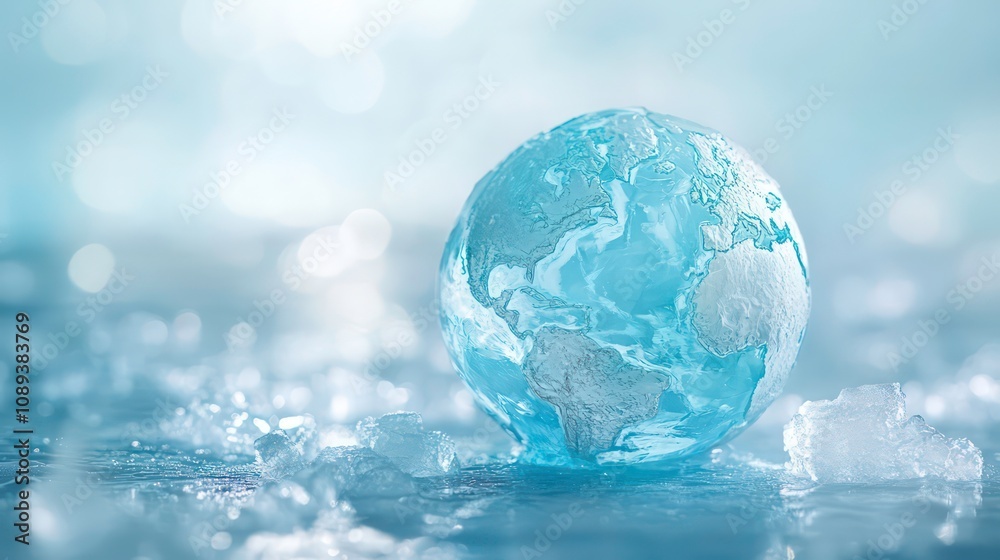 Poster a glass globe representing the earth sits on a bed of ice, a visual representation of global warming