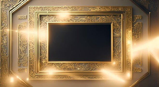 Square frame with gold pattern and neon beam on a light background 4K