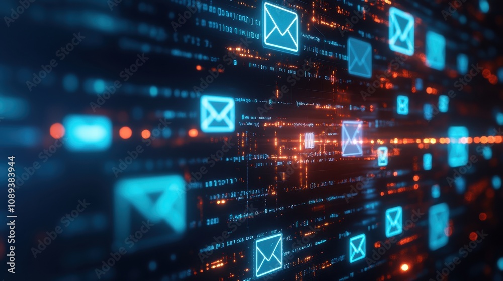 Poster futuristic digital communication network representing email symbols with glowing elements and data s