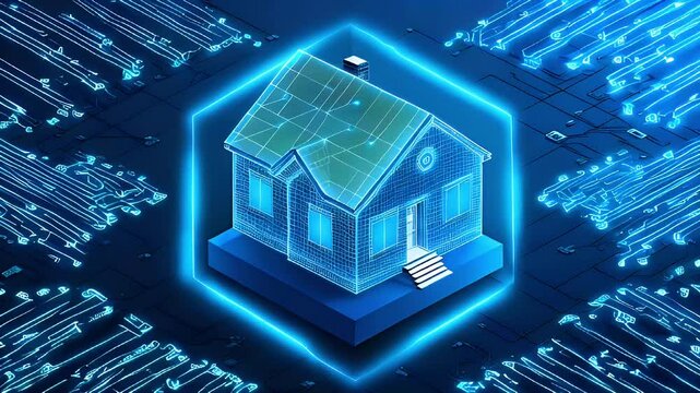 Smart home digital model with glowing lines.