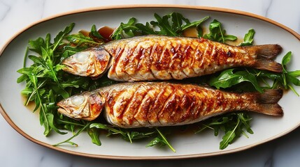 Grilled fish served on a platter with fresh greens, showcasing a delicious and appetizing meal.
