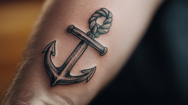 Cartoon anchor tattoo on forearm with detailed rope design