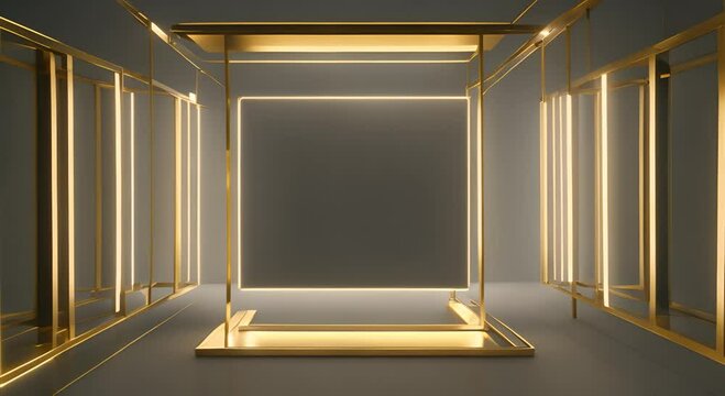 Square gold frame with neon beam on gray background 4K