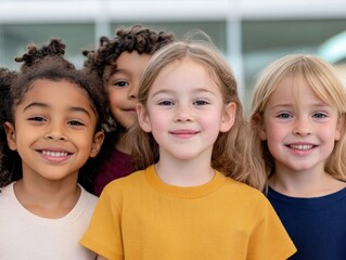 diverse group of children smiling together in a bright setting