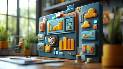 A 3D dashboard displaying various data visualizations and analytics elements.