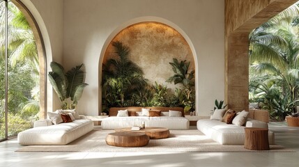 Here's a caption and keywords for your stock photo.. Luxurious tropical living room with arched windows,  off-white sofas, wooden coffee tables, and lush indoor plants.