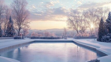 A pristine outdoor ice rink surrounded by winter landscape, with untouched ice under a cool, soft sky.