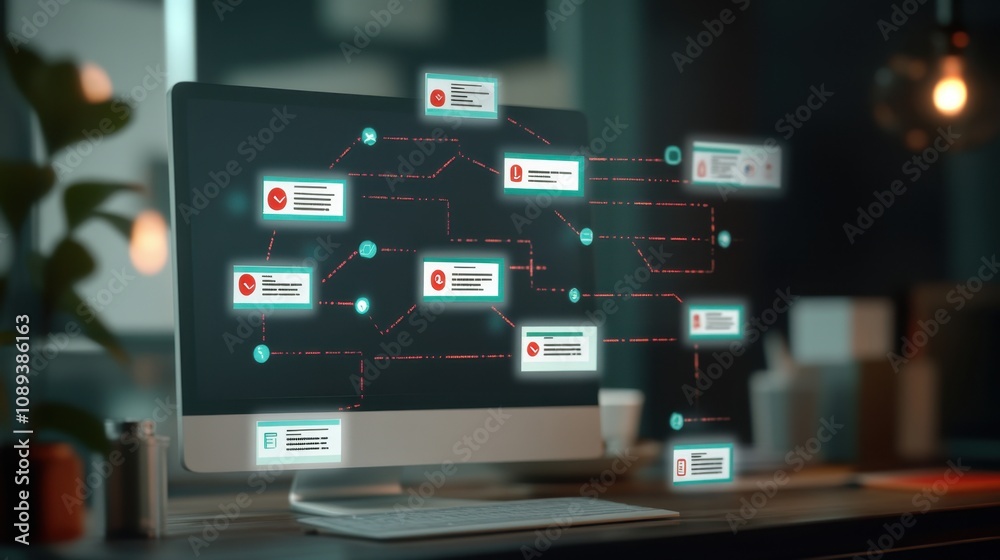 Poster futuristic digital interface with flowchart and data connections on computer screen in modern worksp