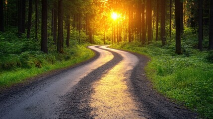 Obraz premium Serene Forest Pathway at Sunset Gleaming Through Trees