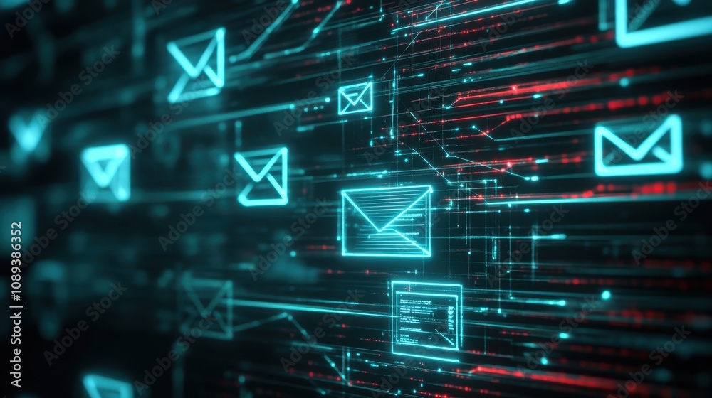 Poster abstract digital representation of email communication with glowing icons and data streams, symboliz